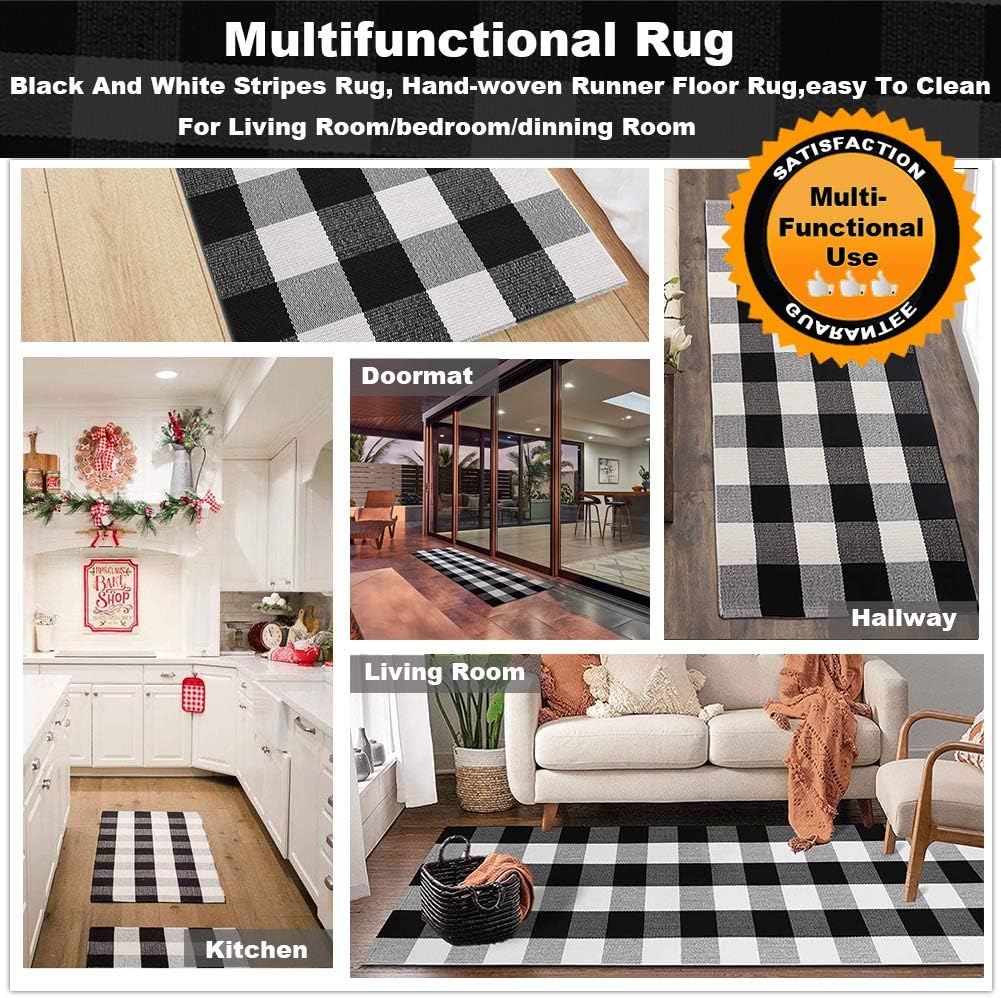 KaHouen Buffalo Check Runner Rug (24 x 71 Inches),Hand-Woven Buffalo Plaid Runner Rugs, Black and White Checkered Outdoor Rugs for Kitchen/Living Room/Bathroom/Laundry Room