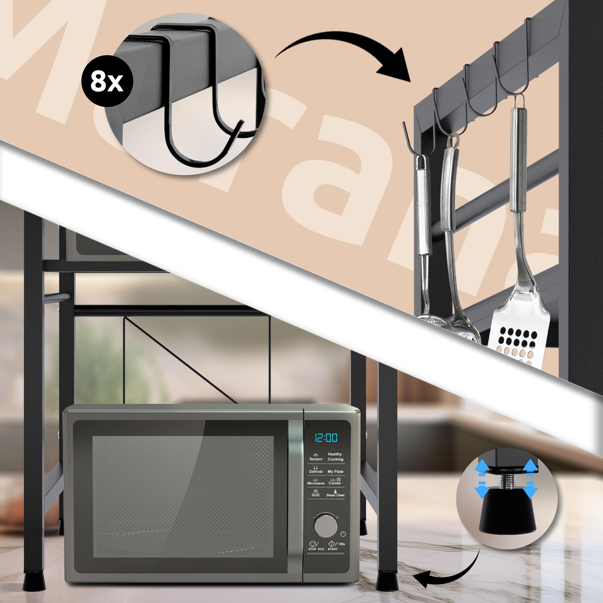 CLP Scaffale per microonde Marana verticale a più livelli I Larghezza variabile I Ideale per il piano di lavoro in cucina, Colore:nero, Dimensione:3 stadi
