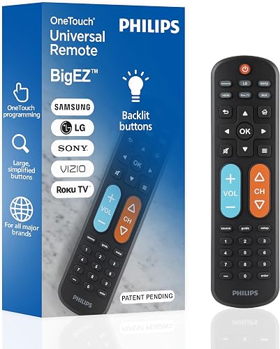 Philips BigEZ OneTouch Big Button Universal TV Remote for Seniors, Easy to Use, Replacement Remote for Samsung, LG, Sony, Vizio, Roku TV, Backlit Buttons, 2 Device, Black, SRP3945B/37