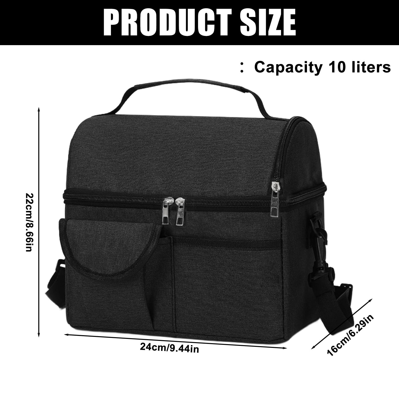 YIDM Sac Isotherme Repas 10L/15L Réglable - Sac Lunch Pliable Bureau École Noir Homme Femme