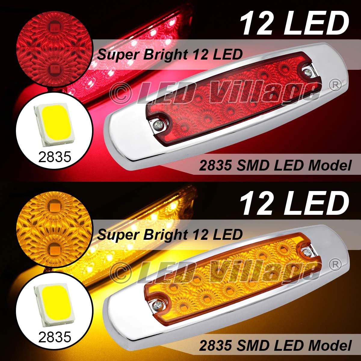 20x 12V DC 6.4 Inch 10 Amber 10 Red 12 LED Clearance Side Marker Lights Lorry Trailer Truck RV Chrome Housing