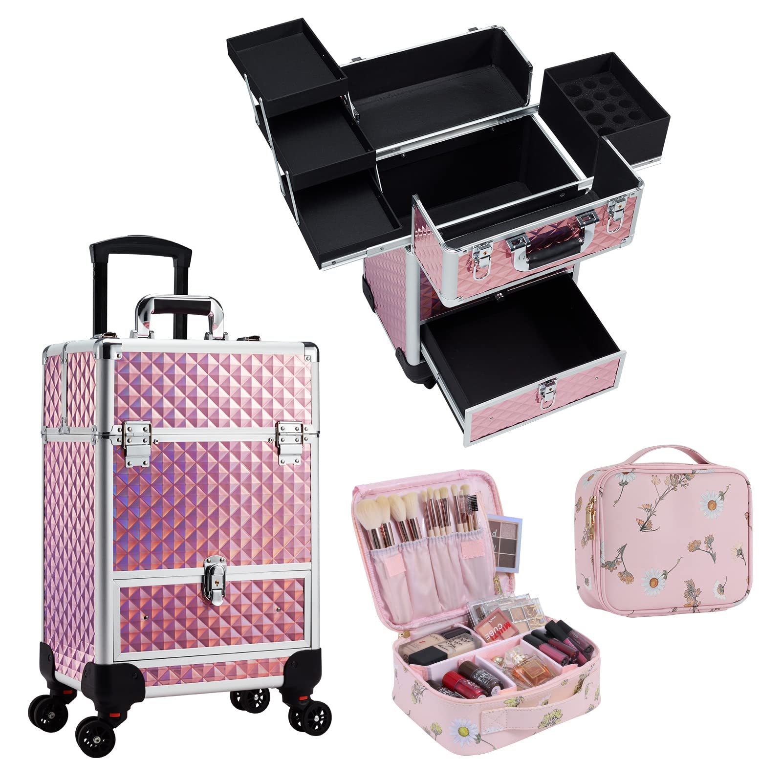 Buy Rolling Makeup Case with Makeup Bag Cosmetic Storage with Sliding