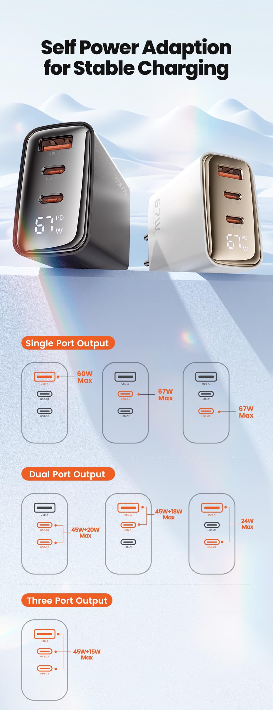 Toocki - Ładowarka GaN 67W do europejskich gniazdek ściennych, 2x USB-C, 1x USB-A, cyfrowy wyświetlacz watów, kompatybilna z PD 3.0, QC4+, PPS, dla iPhone, MacBook, iPad, Samsung Galaxy, Xiaomi,