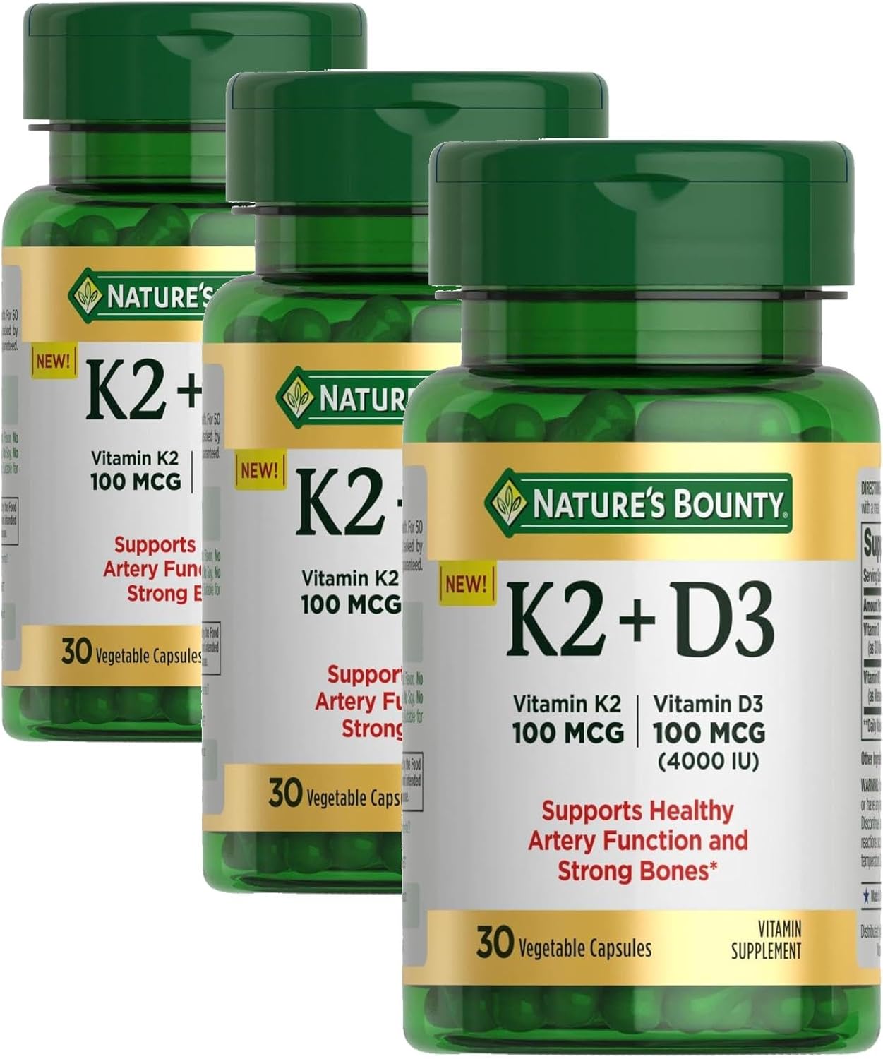 Nature's Bounty Vitamin D3 K2 Supplement, 4000 IU Vita D3 Plus 100 mcg of Vitamin K Supplements for Adults for Heart & Bone Health Support, 30 Day Supply, 30 Vegetarian Capsules (Pack of 3)