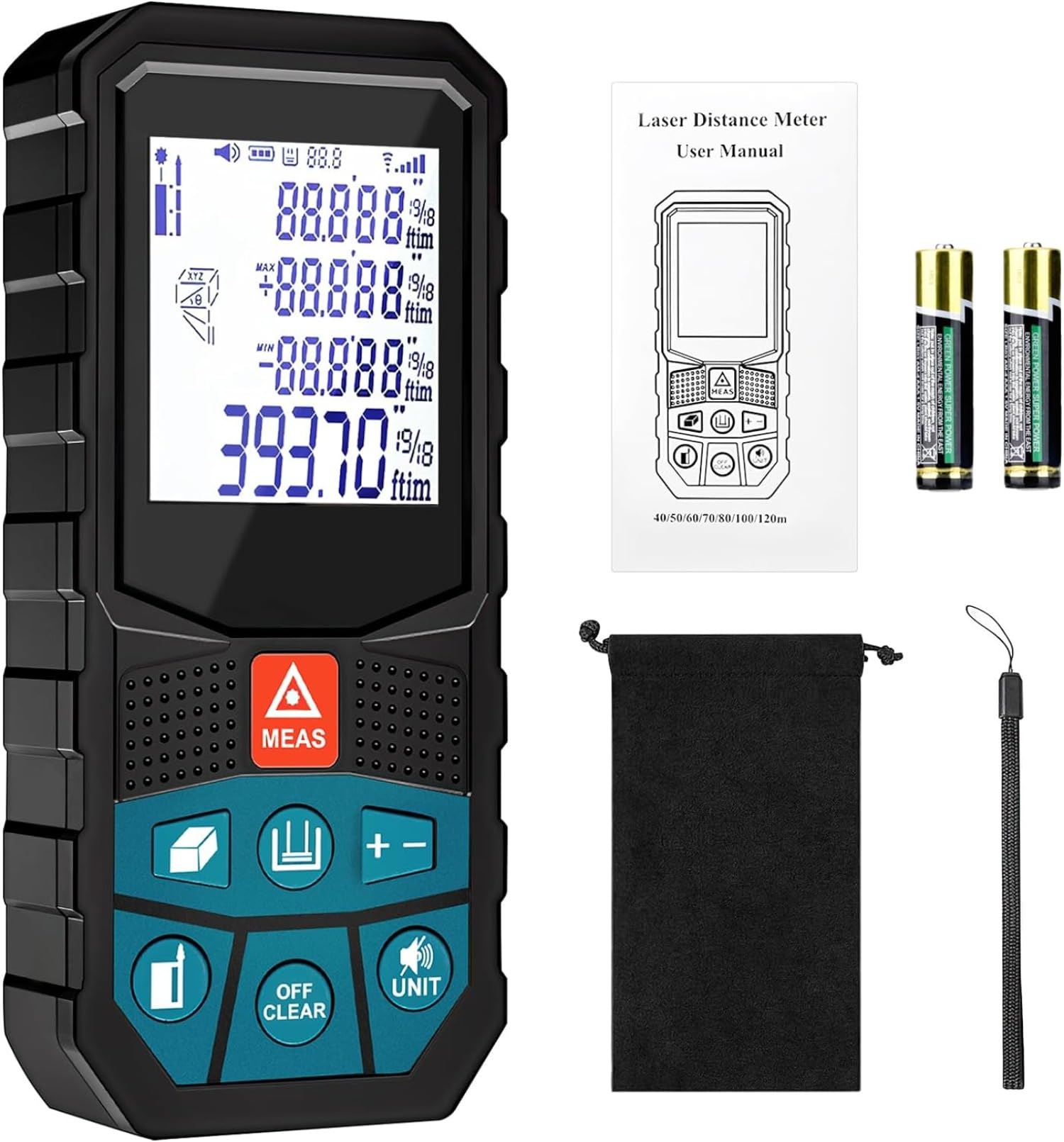 Laser Measurement Tool, Portable Laser Measure, Digital Laser Rangefinder with Real-Time Angle and Waterproof LCD Display, Laser Metel