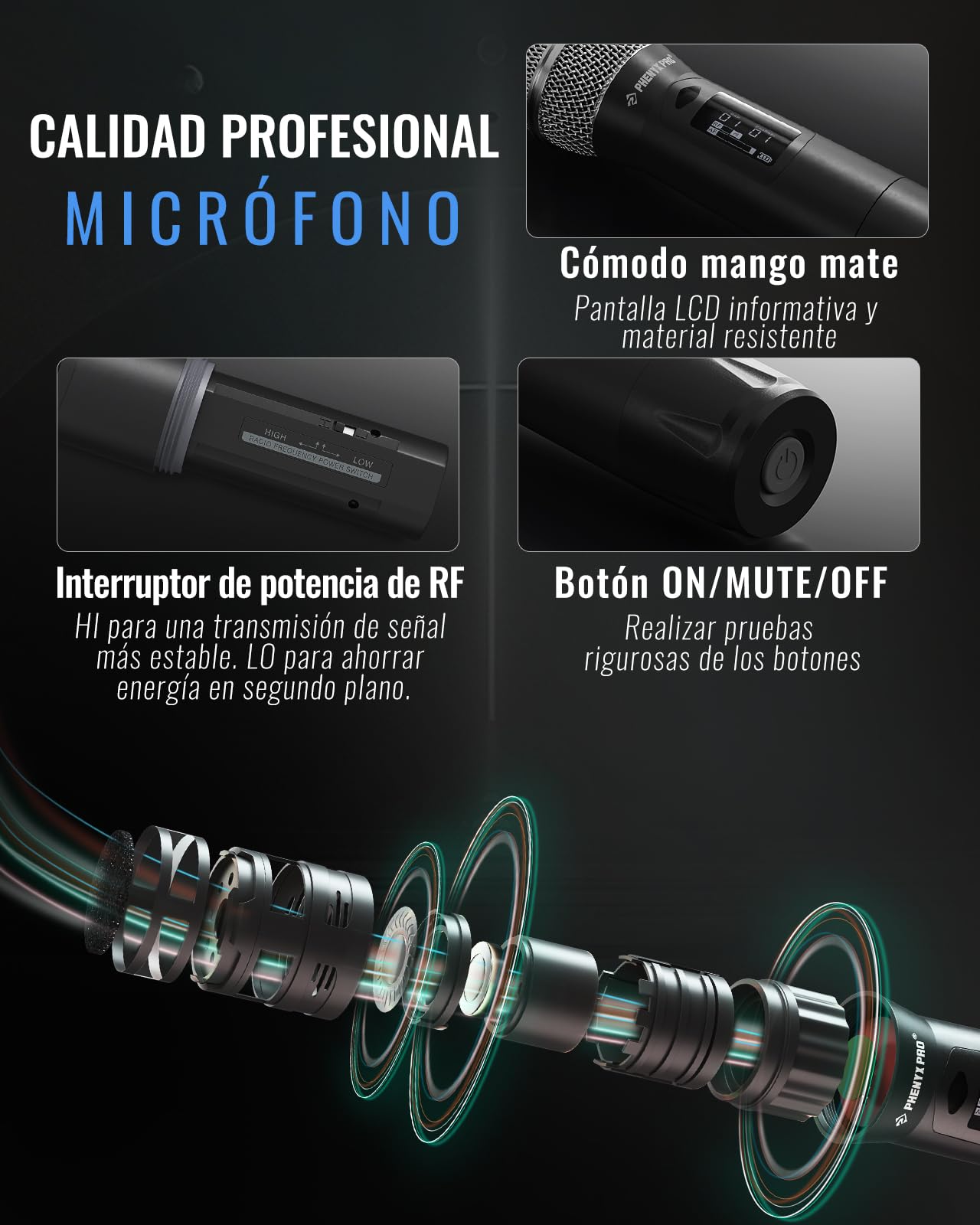 Phenyx Pro Sistema de Micrófono Inalámbrico UHF Canal Único PTU-1U-1H | True Diversity, Auto Scan, 1000 canales ajustables, Alcance 328 ft, Sincronización IR, Mic de mano dinámico