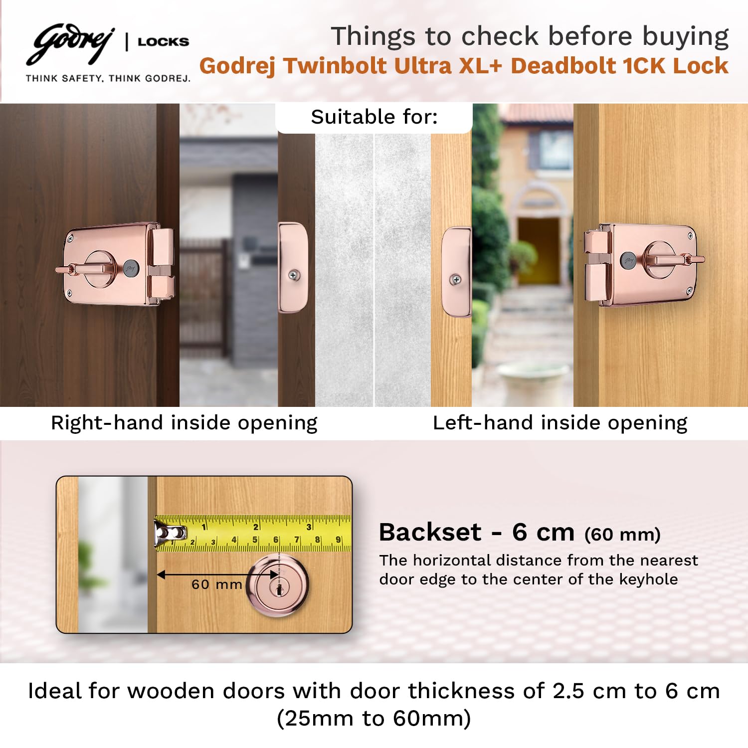 Godrej Rim Lock I Twinbolt Ultra XL+ | 1CK Deadbolt I for Inside Opening Wooden Door | Left/Right Handed Doors I 4 Keys I 5-Year Warranty I Manual Locking l Rose Gold Finish — Amazon image 6