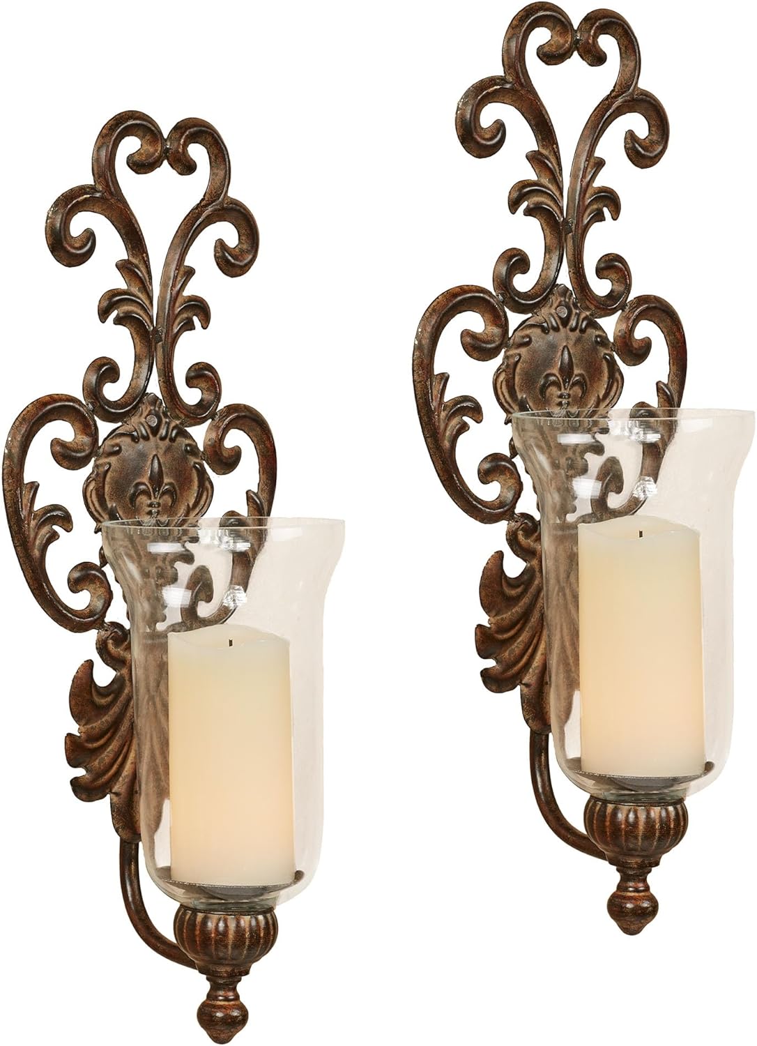 Asciano Classic Metal Wall Sconce Pair | Timeless Aged Bronze Finish | Includes Flaring Clear Glass Hurricanes for Your Pillar Candles | Openwork Scroll and Fleur-de-lis Wall Candleholder Set of Two