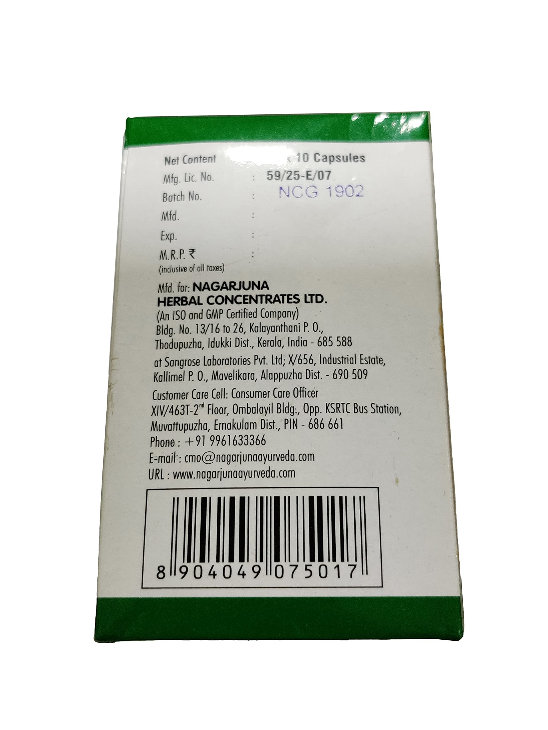 Nagarjuna Kerala Gandha Thailam Capsule 10 pestañas x 2 unidades