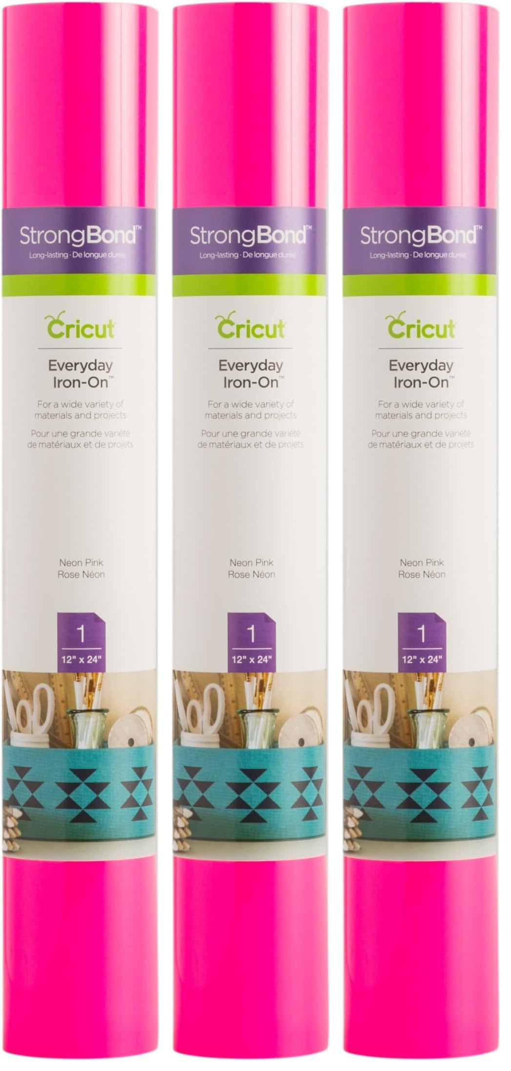 Cricut Everyday Iron On - Neon Pink, 3-Pack of 2ft Rolls (12"x24"), 6ft Total - HTV Heat Transfer Vinyl for Shirts, Apparel, Hats &amp; More - Compatible with Maker &amp; Explore Machines