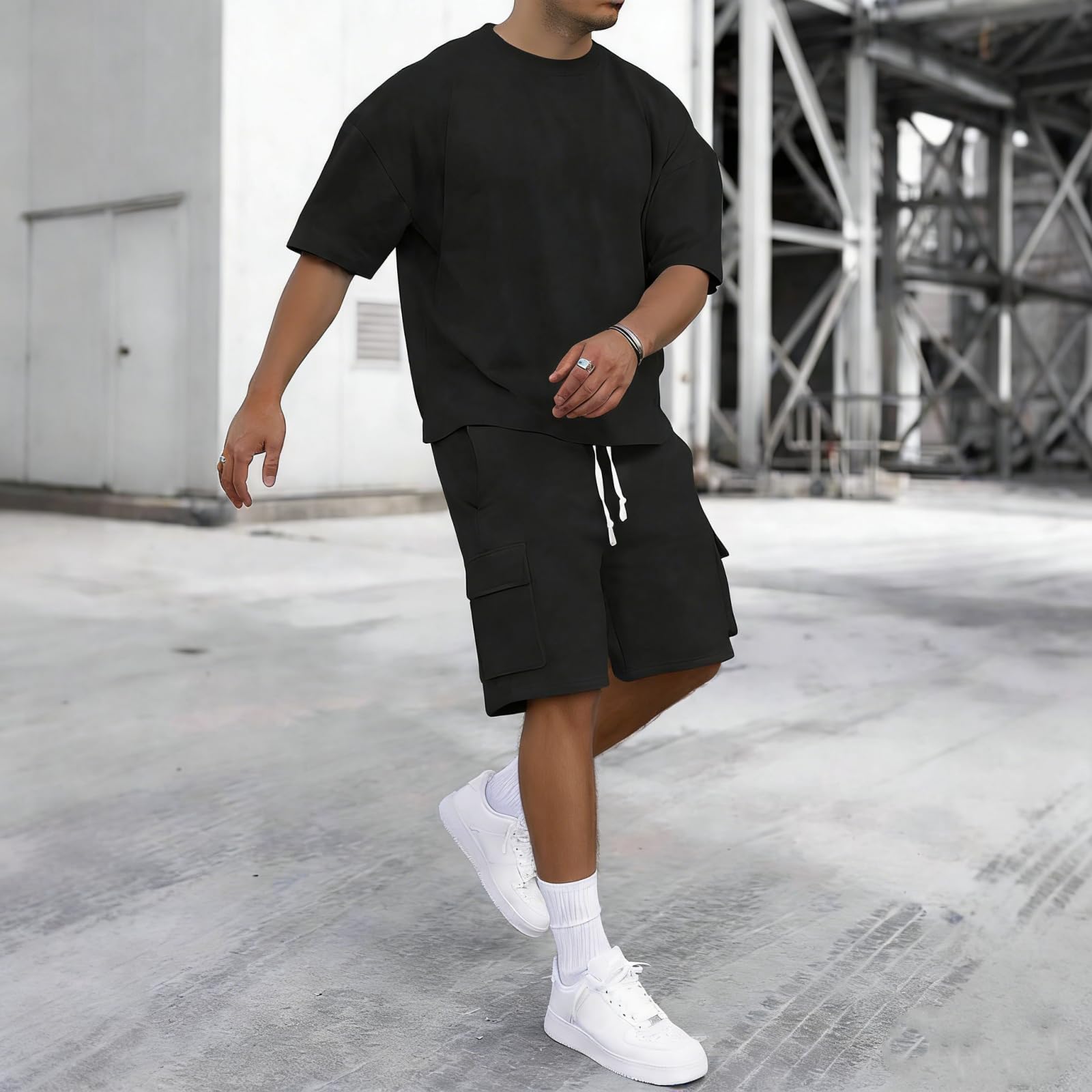Conjunto de ropa de verano para hombre, camiseta de gran tamaño y pantalones cortos tipo cargo, traje deportivo casual de 2 piezas