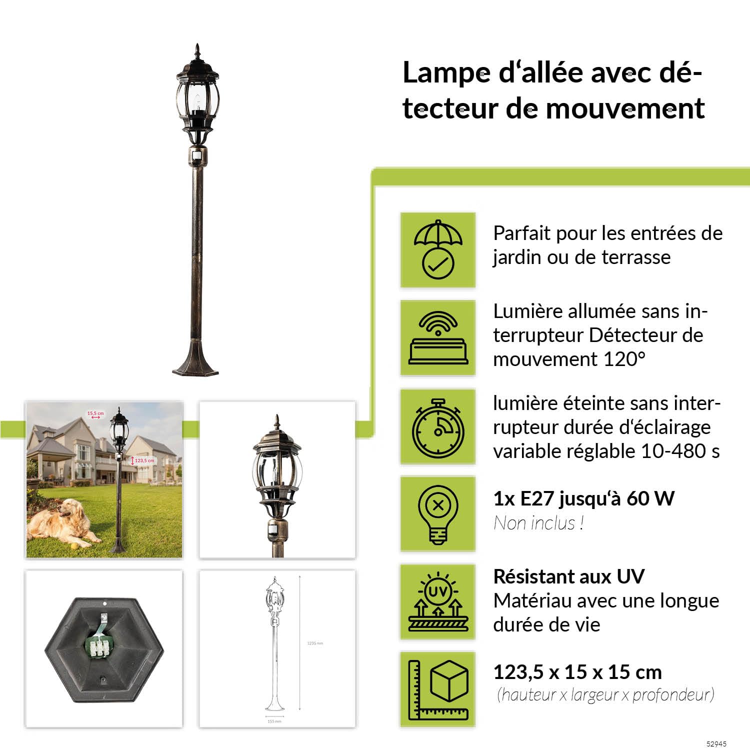 Licht-Erlebnisse Lampe sur pied extérieure avec détecteur de mouvement en aluminium et verre noir cuivré IP44 jardin 123,5 cm petite E27 Lanterne rustique luminaire sur mât extérieur BREST