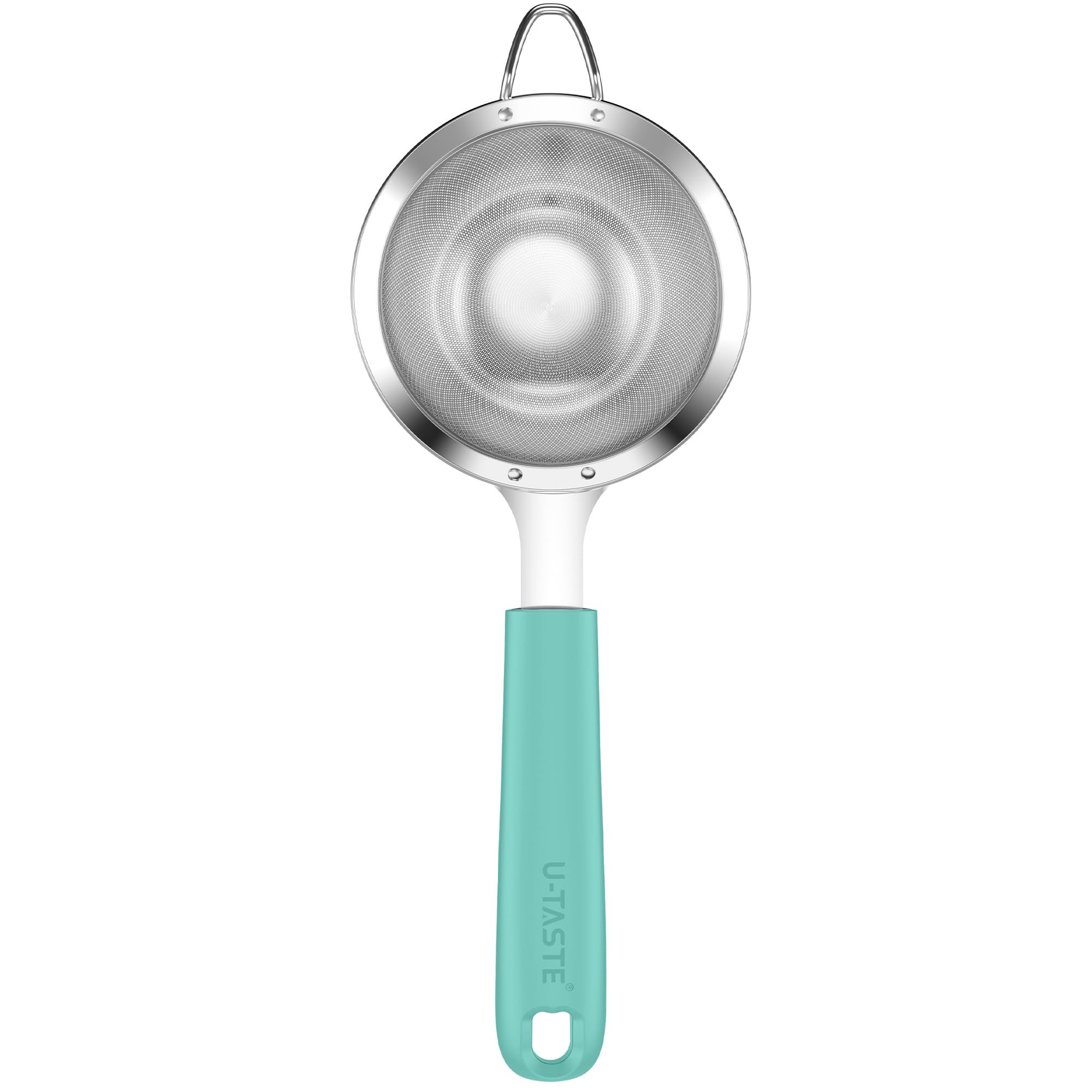 U-Taste 8.5cm Wide Mesh Strainer: 18/8 Stainless Steel 30-Mesh Fine Food Sieve with Upgraded Heavy Duty Riveted Silicone Handle, 5.5cm Deep Metal Kitchen Colander for Baking Sugar, Tea (Aqua Sky)