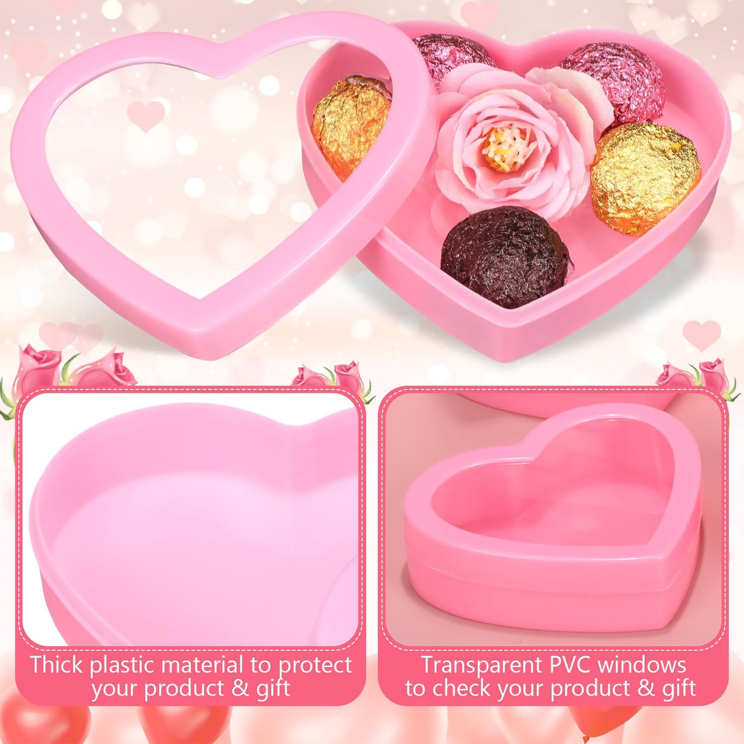 Colingmill 12 Pcs Small Heart Containers Heart Plastic Storage Boxes with Clear Window Lids Valentine's Day Gift Boxes for DIY Presents, Crafts Organizer 4.53 x 3.94 x 1.18 Inches (Pink)