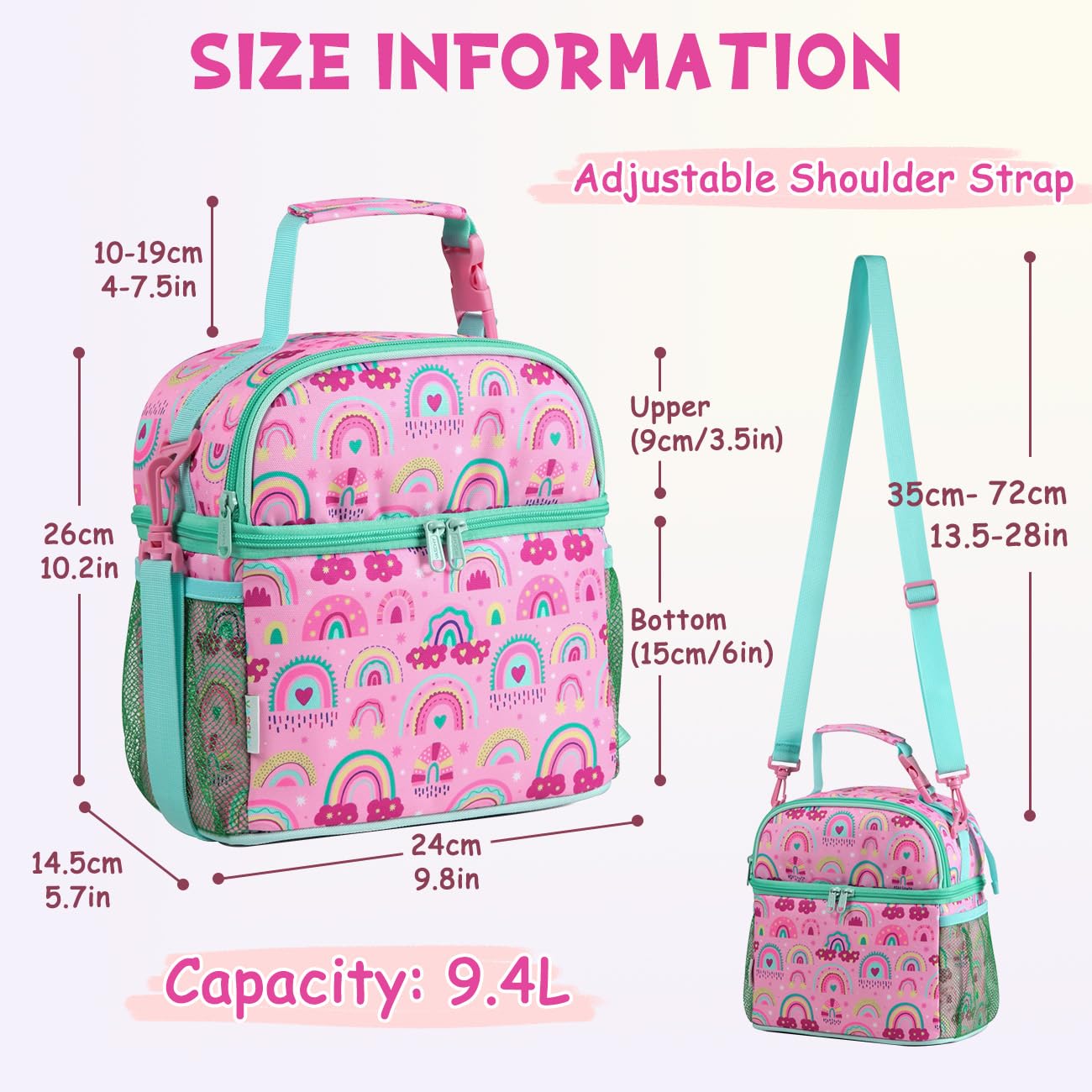 VASCHY Bolsa Térmica Infantil Doble Compartimento, 9,4 L, 25 x 14,5 x 26 cm, Nevera Portátil Porta Alimentos para Niños y Niñas con Correa Ajustable, Colegio y Guardería, Arco Iris