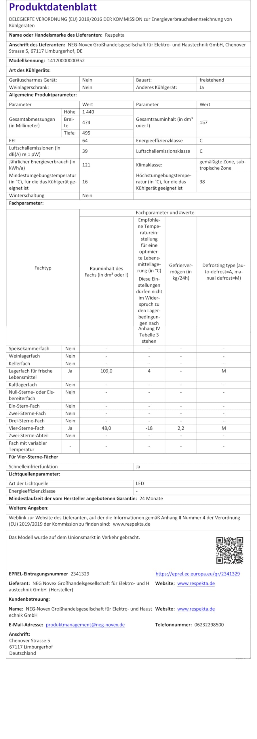 Respekta Lodówko-zamrażarka, 157 L, KG144S-52, czarny