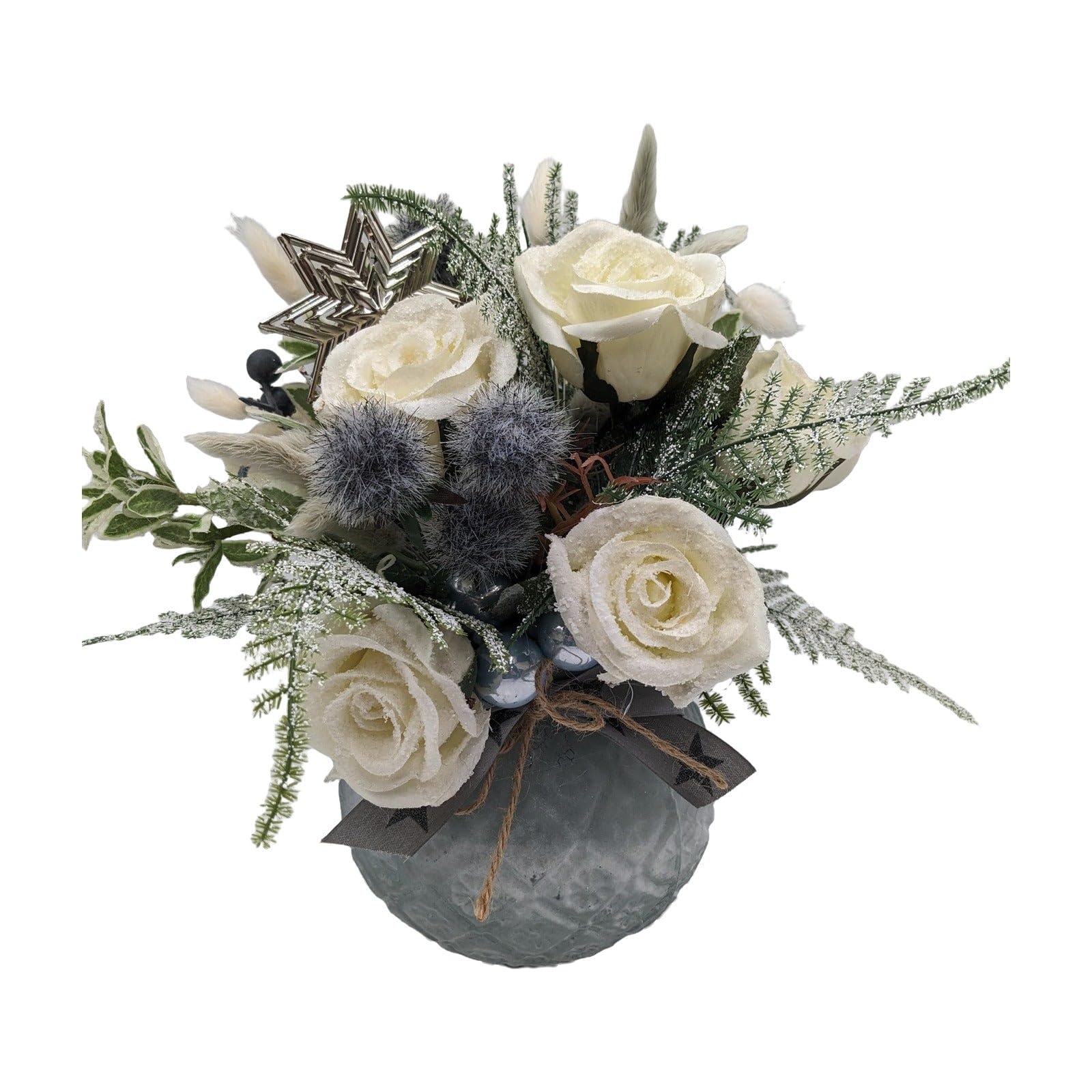 Wintergesteck Rosen Stern Gräser blau Weiss