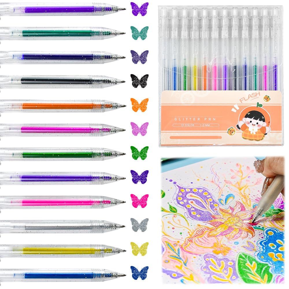 EMAGEREN 12 PCS Bolígrafos de Gel con Purpurina de 12 Colores, Bolígrafos de Tinta Gel con Purpurina 1,0 mm, Bolígrafo Gel de Colores para Dibujar, Rotuladores Metálicos de Colores para Escribir