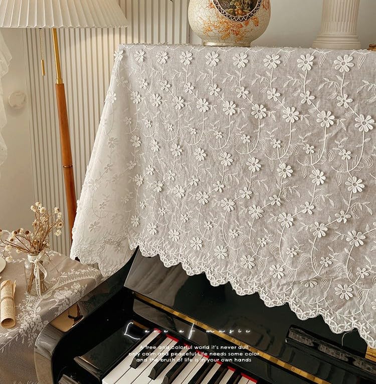 Klavier-Staubschutz, Klaviertastatur-Abdeckung, 130 x 250 cm, Retro-Staubschutz for Klavier mit weißer Spitze, Gänseblümchen-Blume, bestickt, mit Hocker-Abdeckung, halber Klavier-Abdeckung (Farbe: Gän