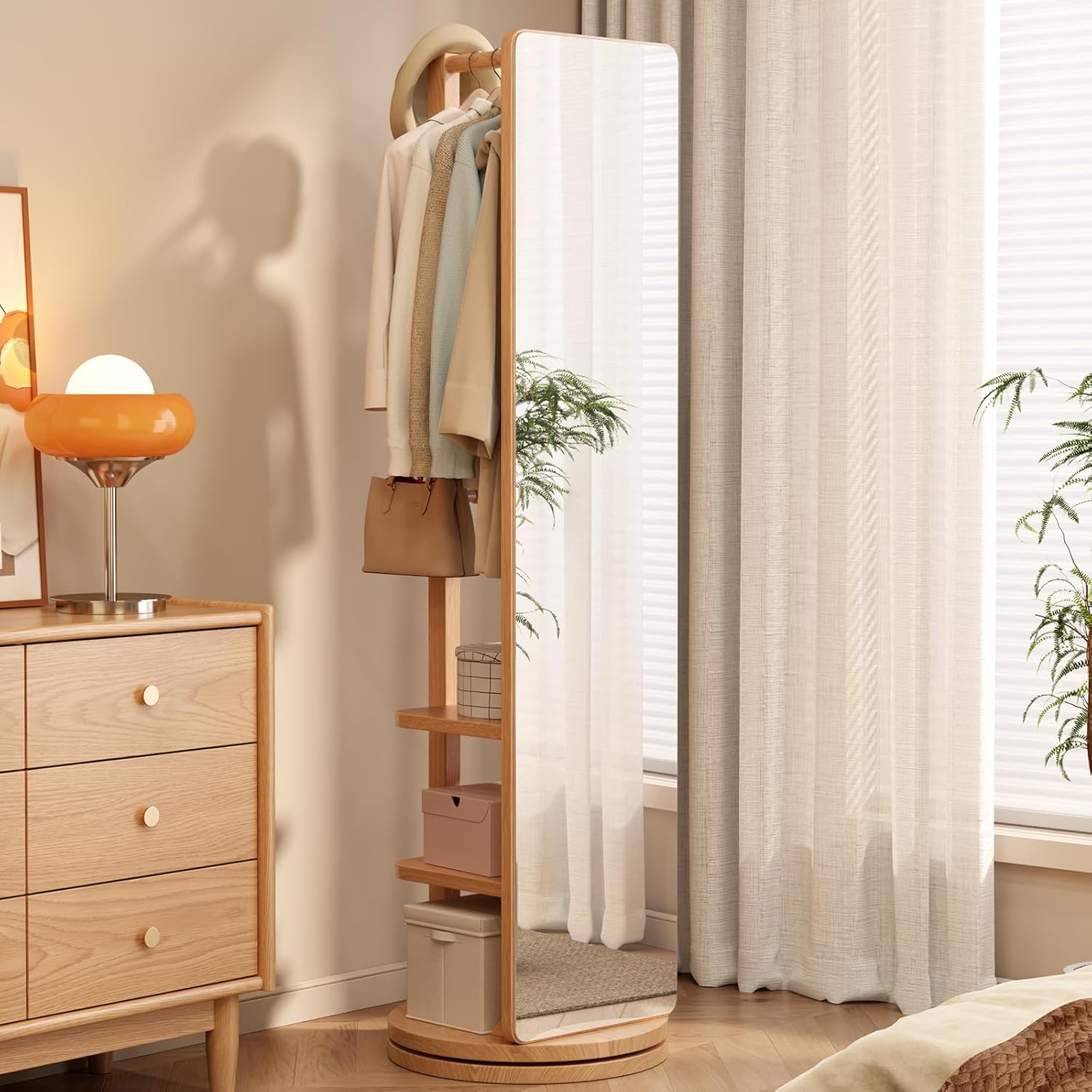 Full Length Mirror,Full Body Mirror Solid Wood Floor Mirror with Coat Rack 66"x12" Full Length Mirror with Stand Long Mirrors for Bedroom,Living Room (Natural)