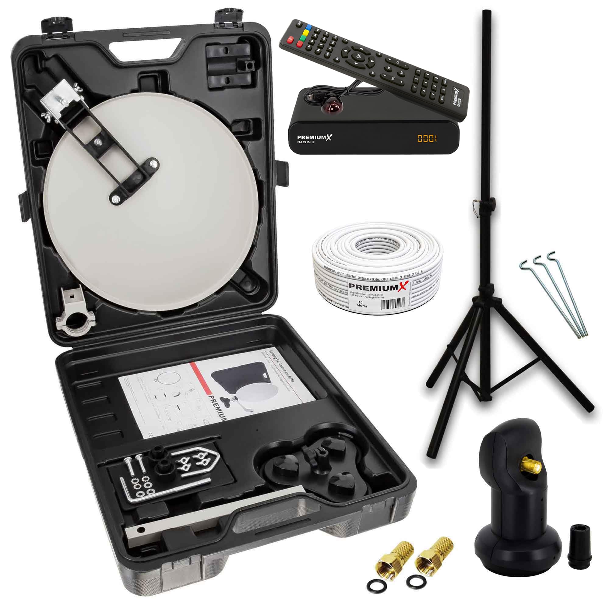 PremiumX Camping SAT Anlage Satellitenschüssel TV Receiver Single LNB 10m Kabel F-Stecker im Koffer Camp Stativ