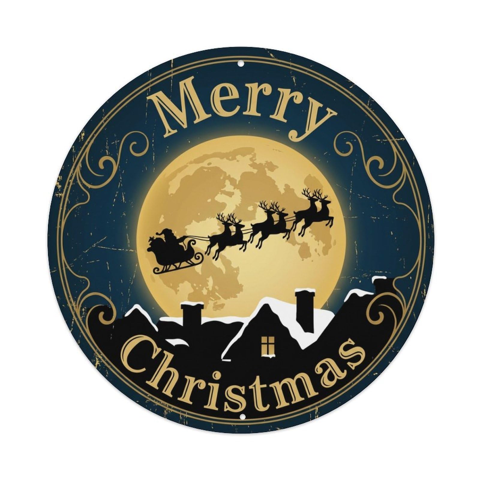 Merry Christmas Santa Sleigh Silhouette Metal Tin Sign