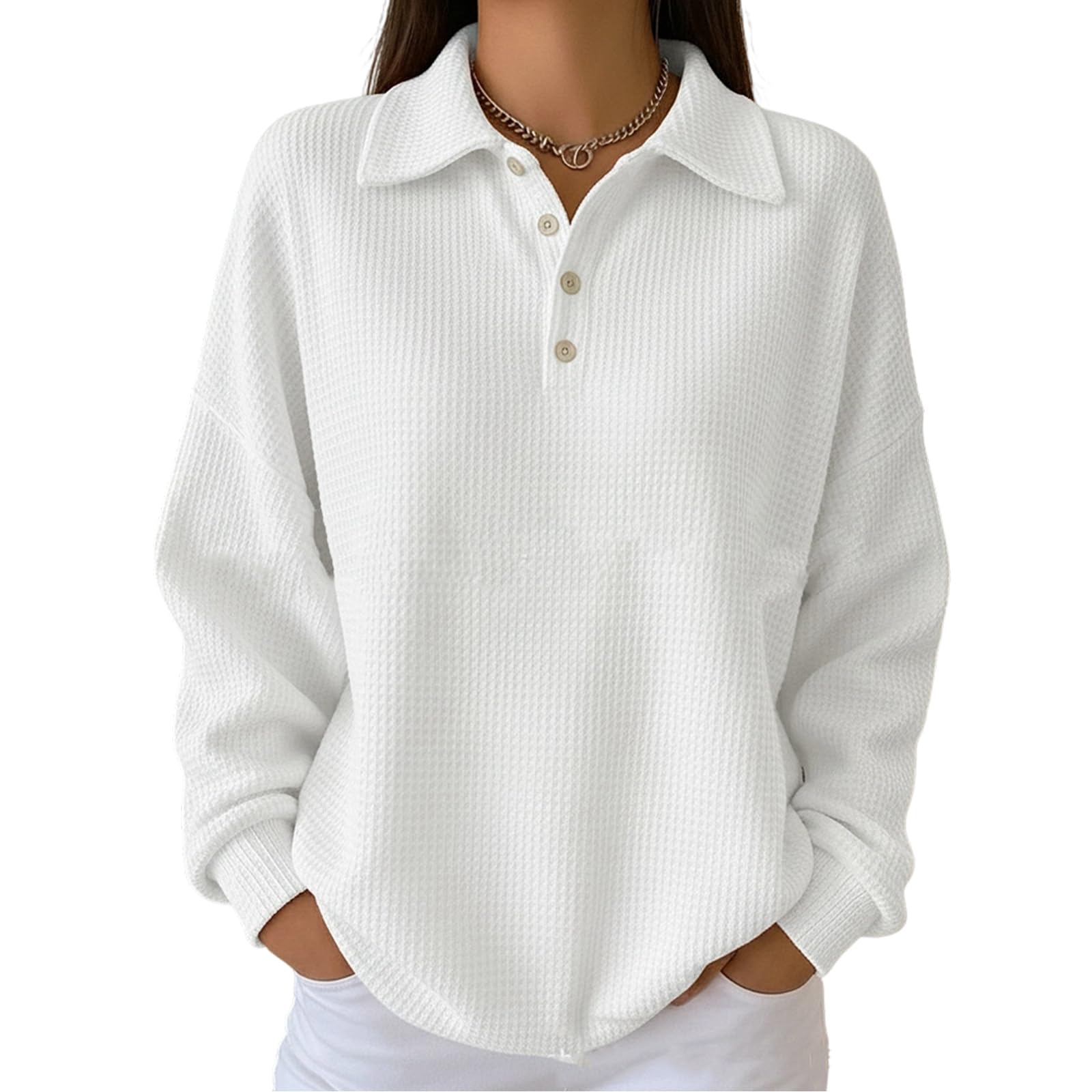 Tunic Tops for Women Loose Fit Dressy Waffle Knit Long Sleeve Shirts Trendy Fall Button Up Crewneck Sweater