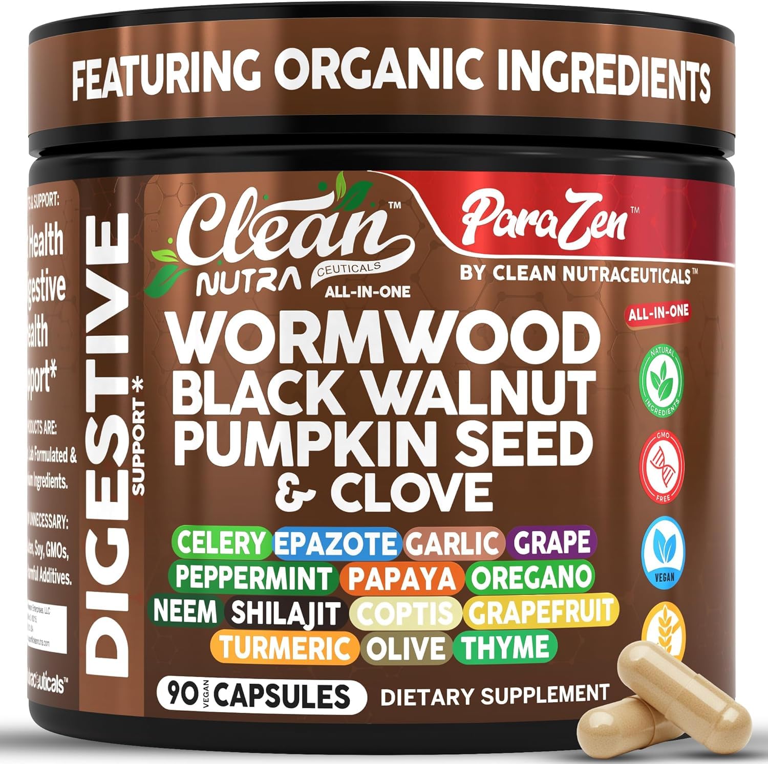 Clean Nutra Wormwood Black Walnut Pumpkin Seed Clove Oil Celery Garlic Grape Papaya Neem Diatomaceous Earth Womens Probiotic Gut Health Cleanse Detox Oregano Olive Turmeric...
