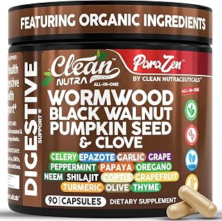 Clean Nutra Wormwood Black Walnut Pumpkin Seed Clove Oil Celery Garlic Grape Papaya Neem Diatomaceous Earth Womens Probiotic Gut Health Cleanse Detox Oregano Olive Turmeric Supplement Vegan Capsules - Amazon product rated Grade A