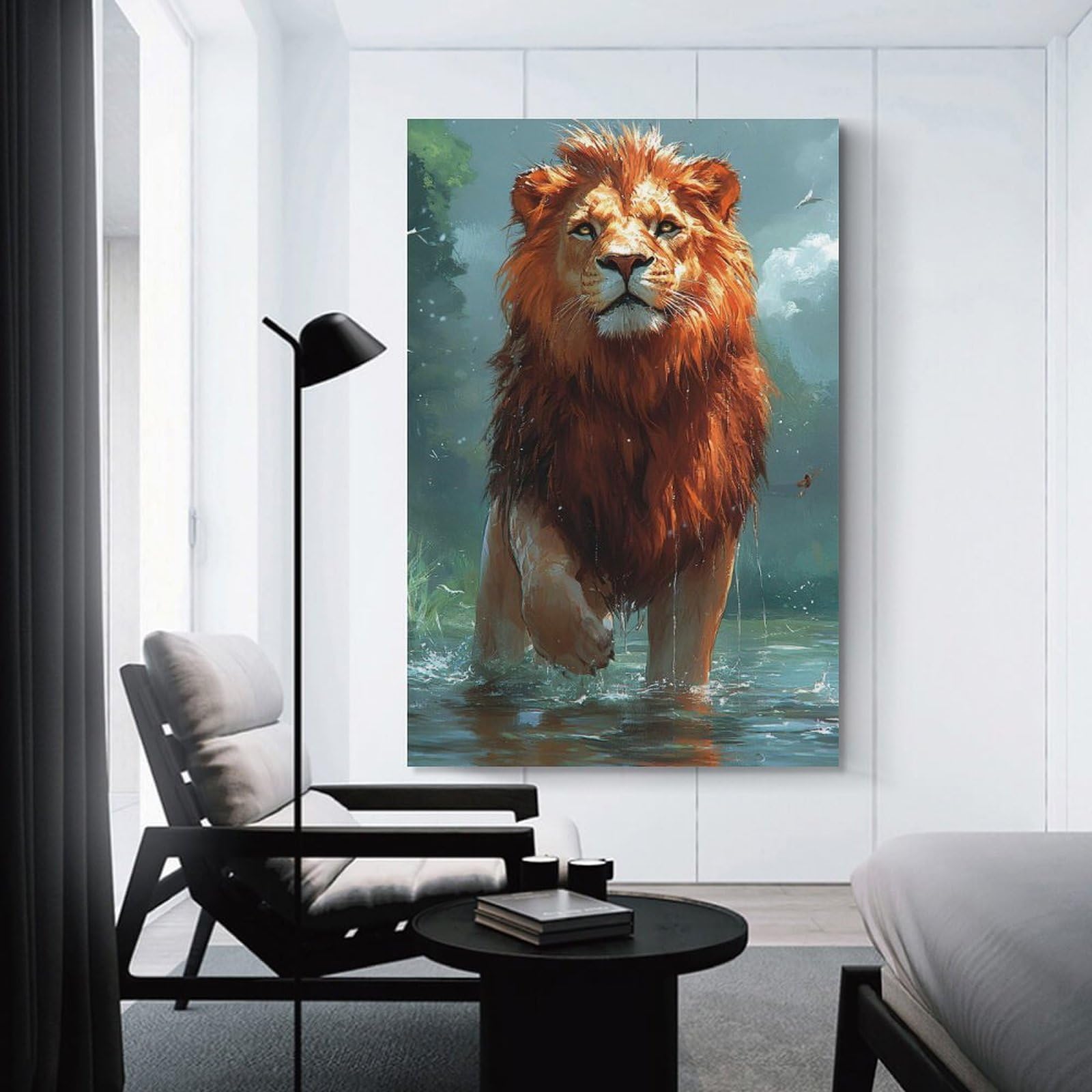 Junmoney Majestic Lion in Water Hanging Wall Art 24x36inch(60x90cm), for New Homes, Bedrooms Or Workspaces, Thoughtful Wall Decor for Art Lovers