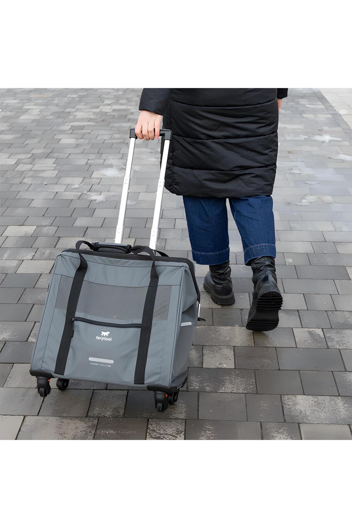 Ferplast VOYAGER TROLLEY KOT Transporter transporter dla psa, wysuwany uchwyt, regulowane paski, szeroki otwór, zdejmowane koła, maks. 15 kg, 46 x 26 x 48 h, czarny