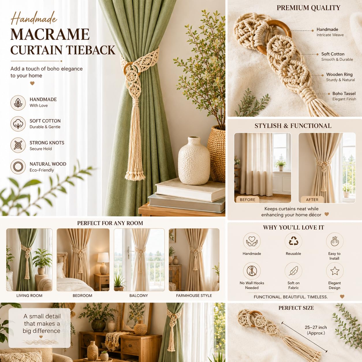 Macrame Curtain Tiebacks - Boho Home Decor -2