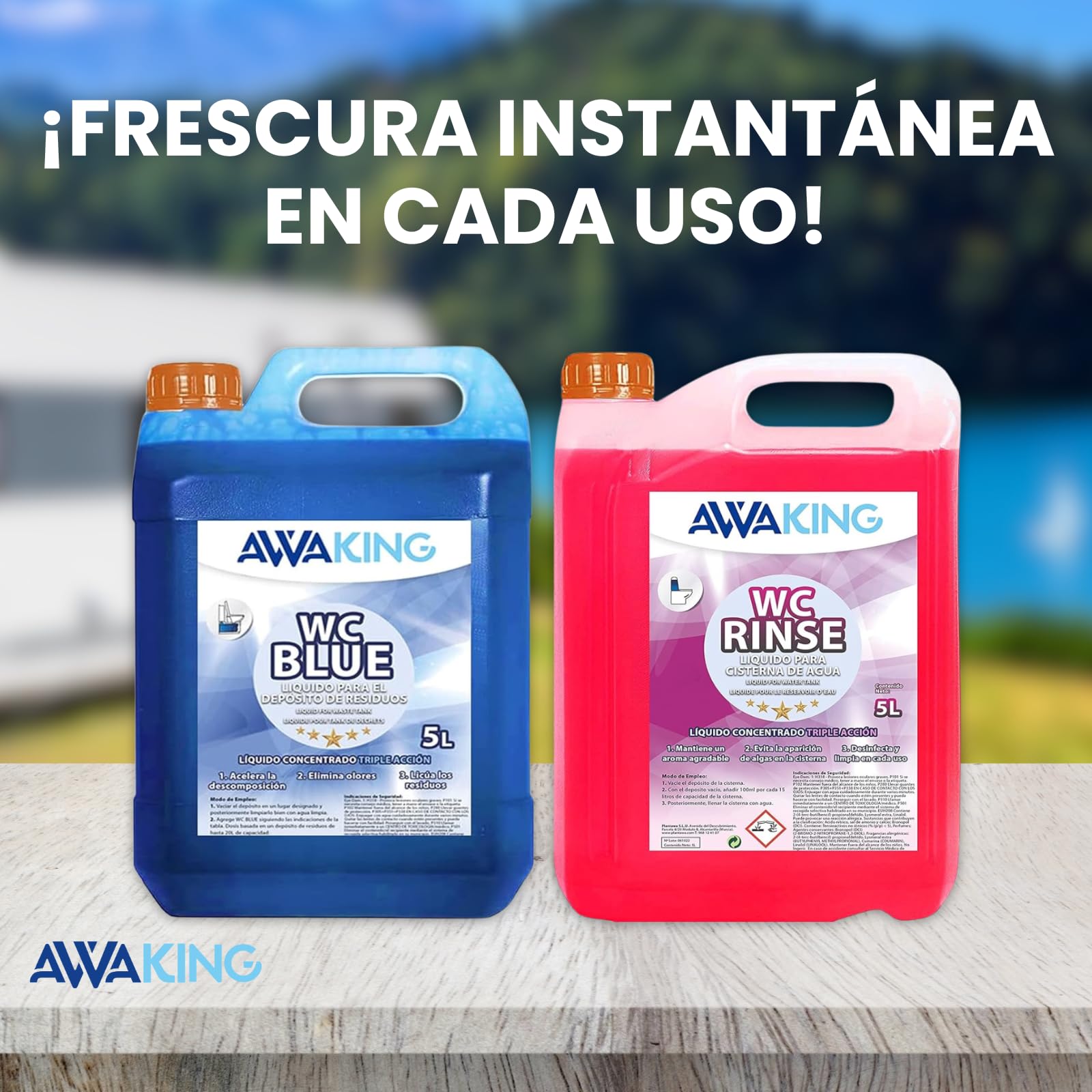 Liquido WC Quimico Caravana WC Blue 5L + Rinse 5L,Liquido Autocaravanas Aditivo Aguas Negras + Concentrado Taza WC Cisterna,Caravanas,Depósito Residuos Autocaravanas,Sanitary Fluid,Líquido Potty