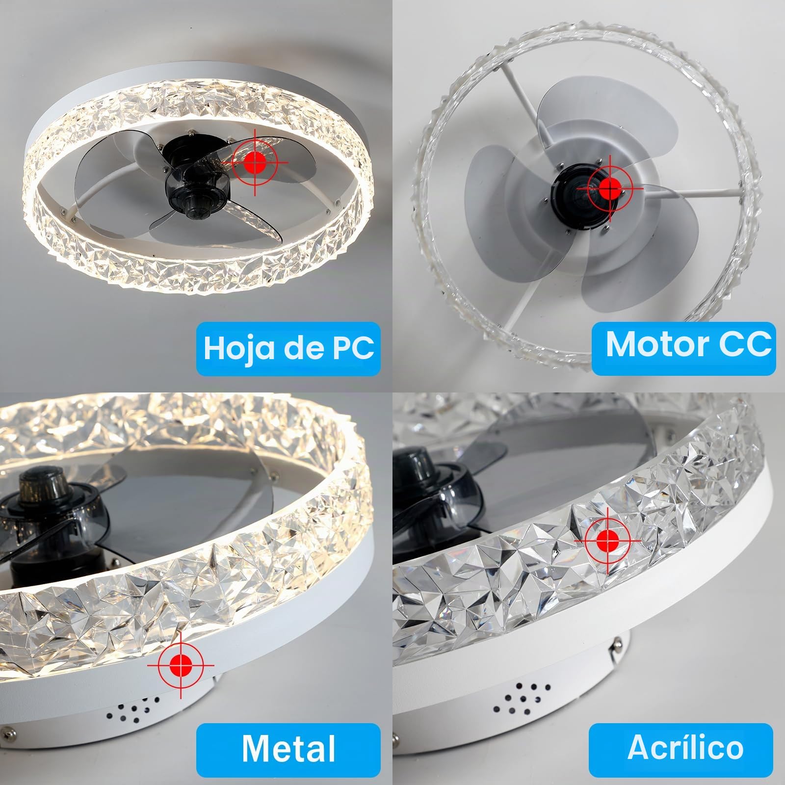 30W Ventiladores de techo con iluminación Control remoto, Luces modernas Luz de techo del ventilador LED Regulable Lámparas para dormitorio Sala de estar, 6 velocidades (Blanco, 50CM)