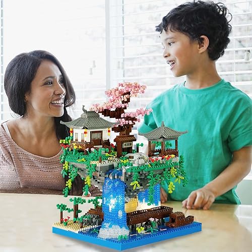 Miniatura 7 de Juego de micro construcción de árbol bonsái de cerezo, arquitectura china, kits de estanque de flor de durazno con luces, juguetes de árbol Sakura