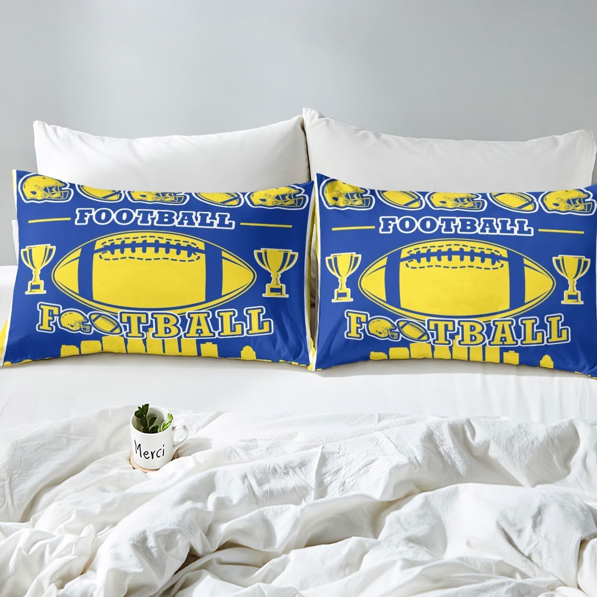 Erosebridal Football Bed Sheets Twin Size,Yellow Blue Football City Sheets for Sports Fans,Boys Girls Rugby Bedding Set,Ball Competition Flat Fitted Sheet,Soft Cozy(Yellow)