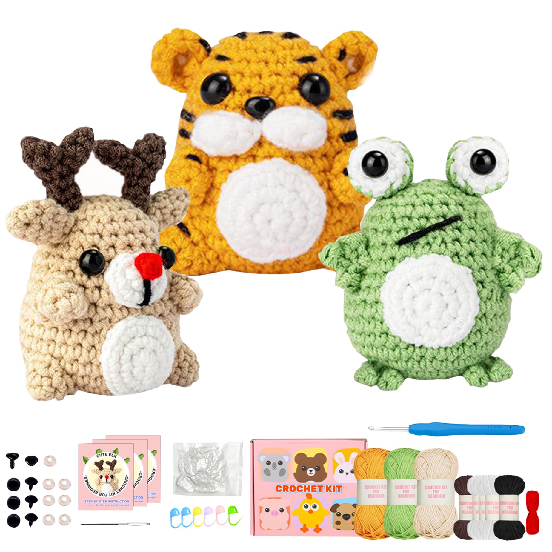 KYEQATY Wobbles Crochet Animal Kit 3 Pack Elk/Tiger/Frog Crochet Starter Kit with Step-by-Step Video Crochet for Kids Adults Beginner Home Office Accessory.