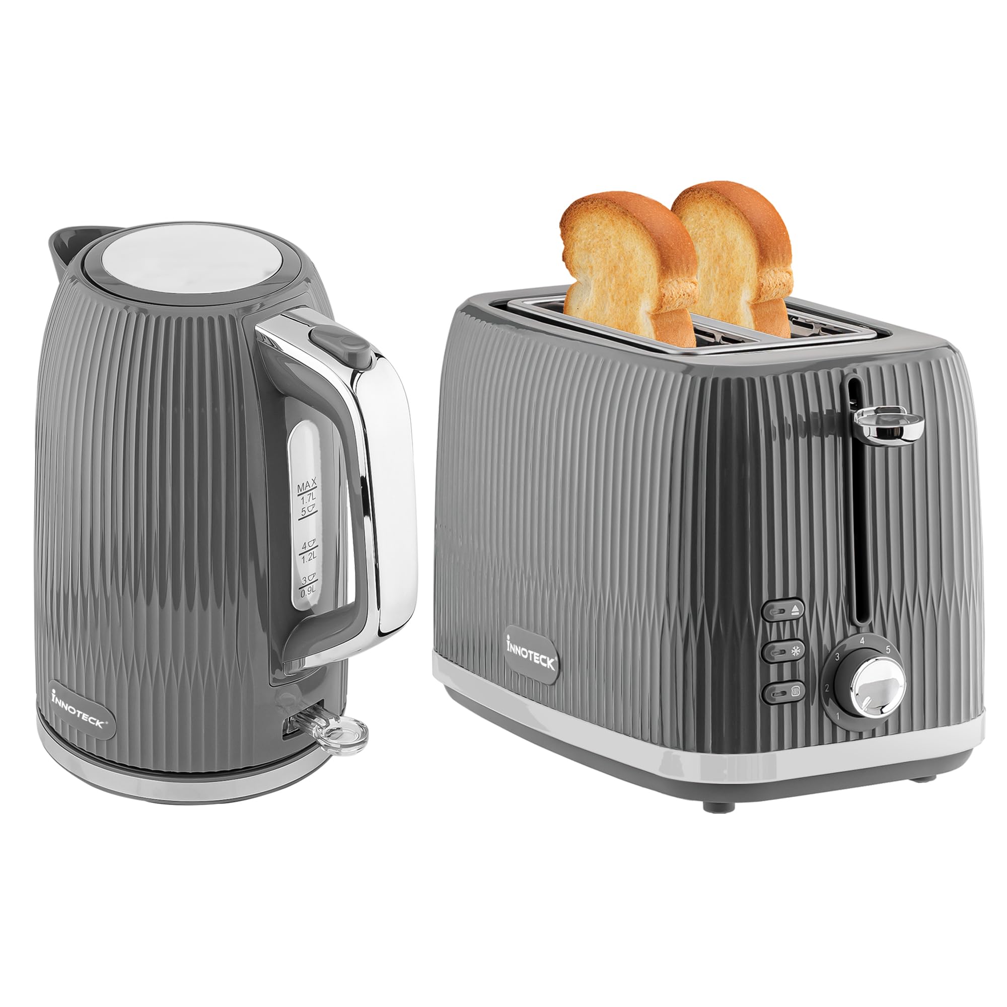 Innoteck 1.7L Electric Kettle & Toaster Set - Grey Ridged Textured & Stainless-Steel Body - Toaster with Defrost, Reheat & Cancel Functions - Hot Water Boiler with Auto Shut-Off Functions