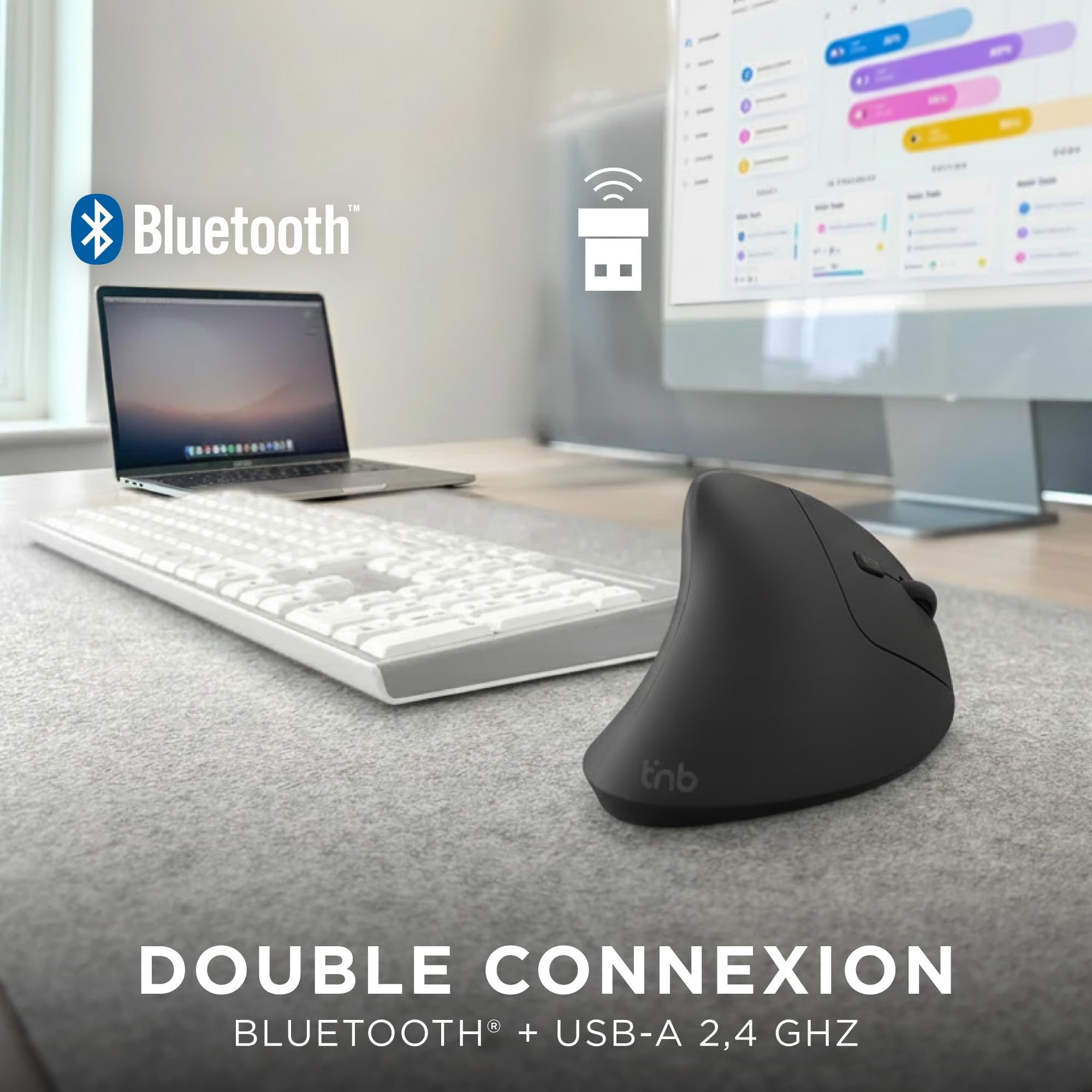 T'nB - Ergo Light Souris Ergonomique sans Fil Verticale, Double Connexion Bluetooth Et Dongle 2,4 Ghz, Ultra Légère, Rechargeable, 6 Boutons, DPI Réglable - Noir