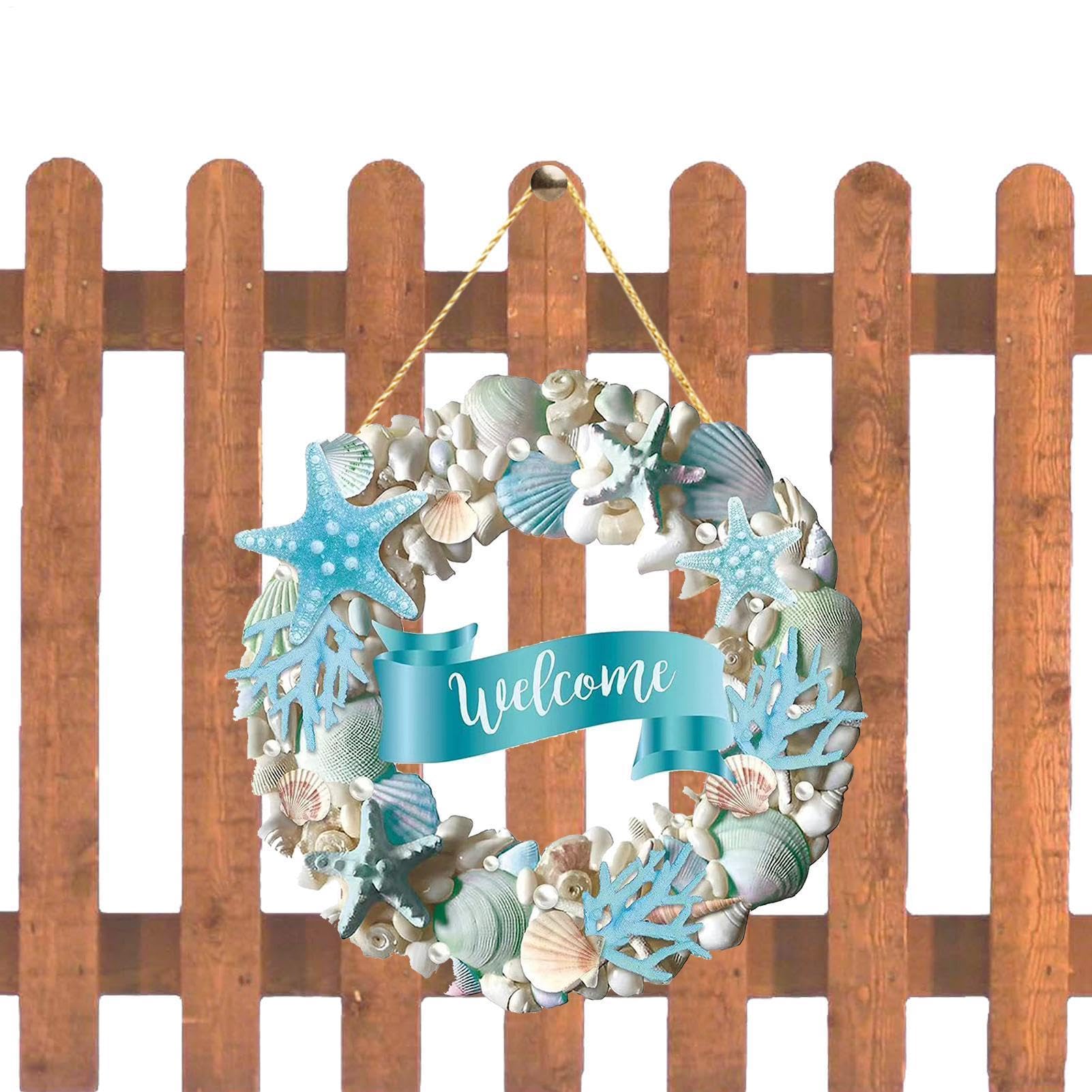 Couronne de plage en bois avec étoile de mer authentique pour panneau de bienvenue rustique