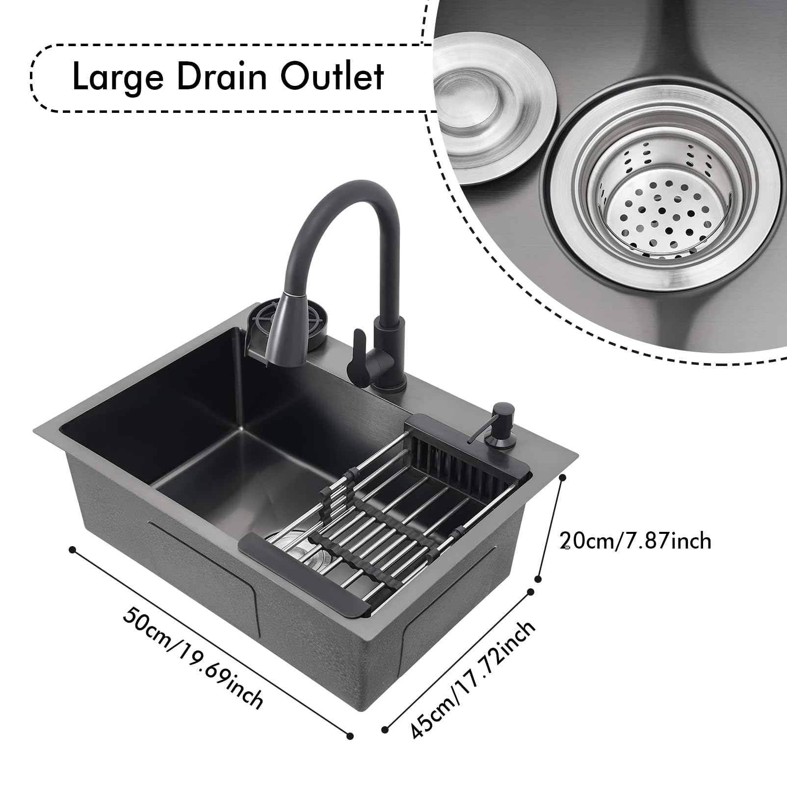 Fregadero negro 50x45 cm, fregadero de cocina de acero inoxidable, lavabo de cocina con grifo extraíble, dispensador de jabón, fregadero de cocina pequeño de acero inoxidable, fregadero empotrado incl