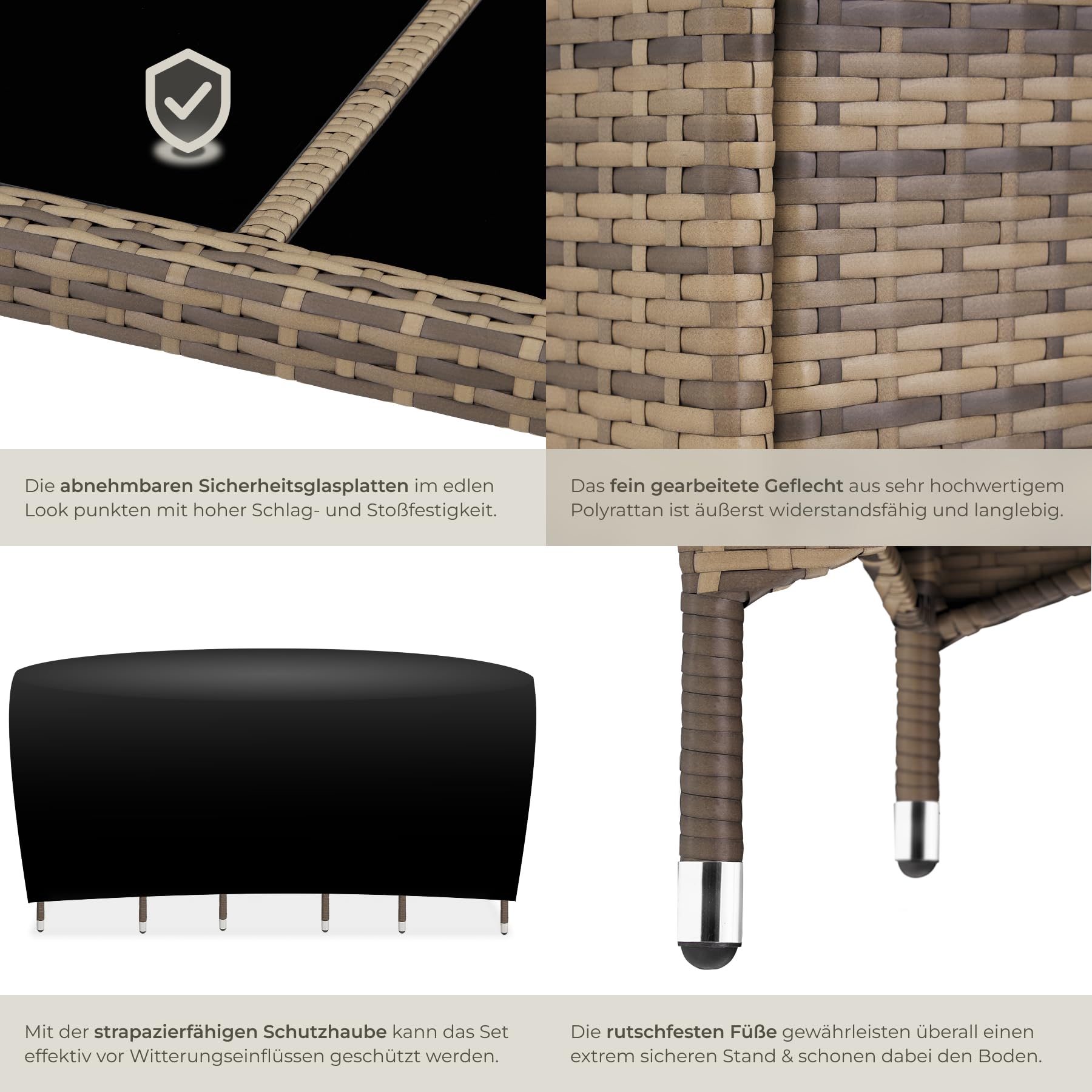 tectake Polyrattan Sitzgruppe für 6 Personen, Balkon Möbel, Gartenmöbel Set mit Tisch und 6 Stühlen, Essgruppe für Garten Terrasse und Balkon, inkl. Sitzkissen und Schutzhülle - Natur/dunkelgrau