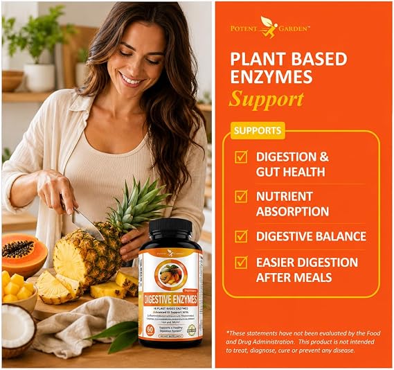 Potent Garden Digestive Enzymes -18 Plant Based Enzymes with amylase lipase bromelain Protease lactase & Other Enzymes - One Pre Meal Pill Supports Healthy Digestion & Nutrient Absorption 60 Caps