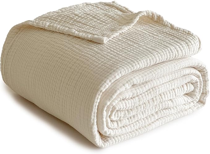 Simple&Opulence 100% Cotton Muslin Blanket Queen Size, Lightweight Breathable 4 Layering Gauze Blanket for Bed Couch Camping, Soft Bedspread Coverlet All-Season Use (Off White, 88" x 92")