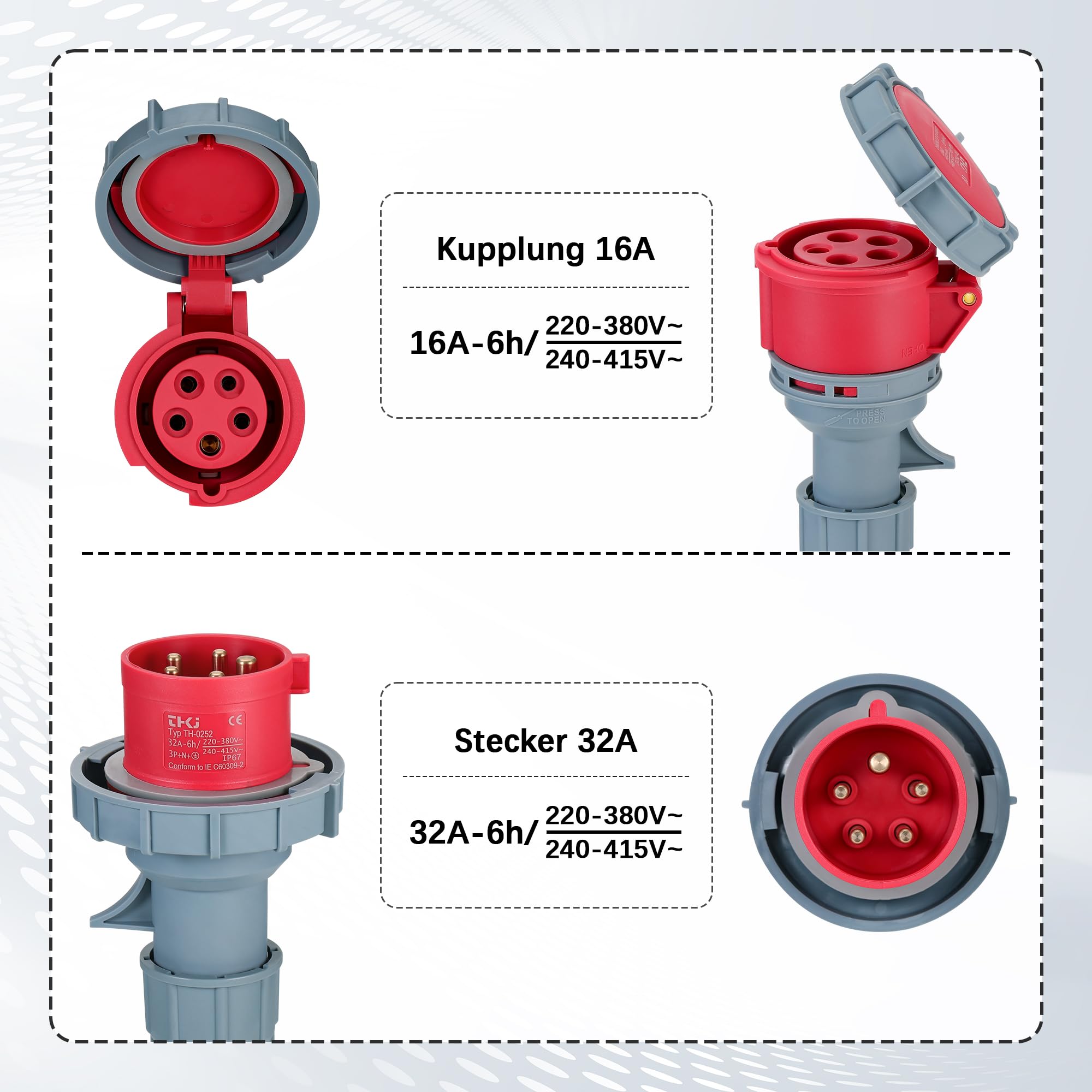CEE Adapter 32A auf 16A, IP67 Wasserdicht & Staubdicht, Starkstrom Adapter mit Schutzabdeckung, 5×2.5mm² Kabel, 32 auf 16 Ampere Adapters für Elektroauto Zubehör, Werkstätten, Baustellen und Industrie