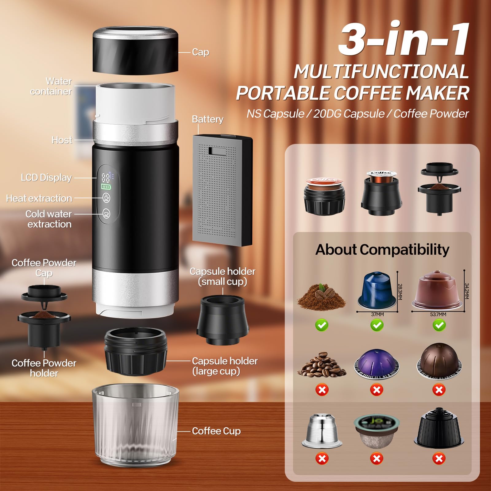 VHV Cafetera de café portátil, 3 en 1 cafetera de café expreso eléctrica, 12 V café expreso recargable, para oficina, viaje, casa, compatible con cápsulas espresso y café molido
