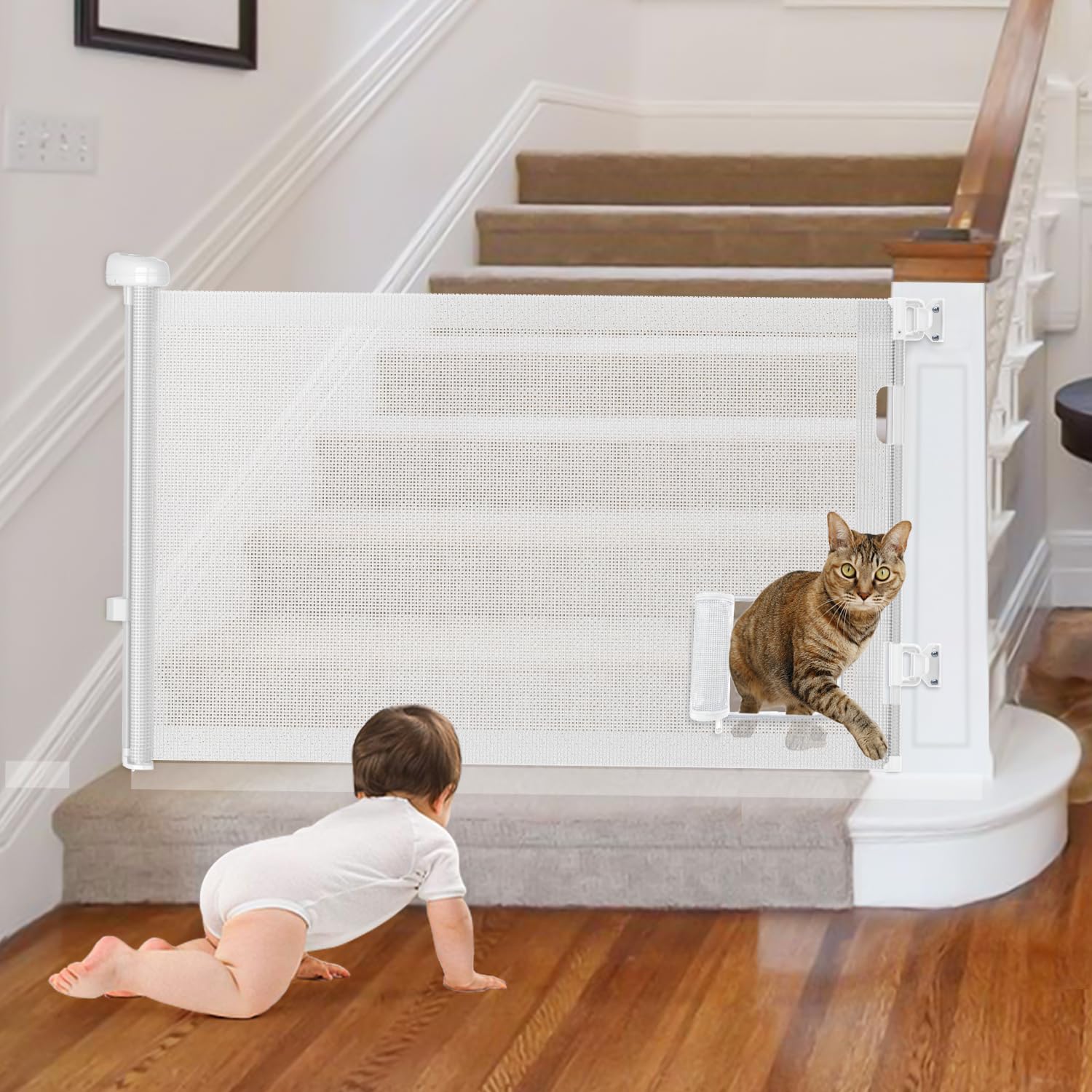Retractable Baby Gates, Pet Gate with Cat Door - 33" Tall, Extends to 55" Wide Dog Gate for Stairs, Mesh Baby Gate with Door for Cats/Small Dogs, Easy Install for Doorways, Indoor &Outdoor,White