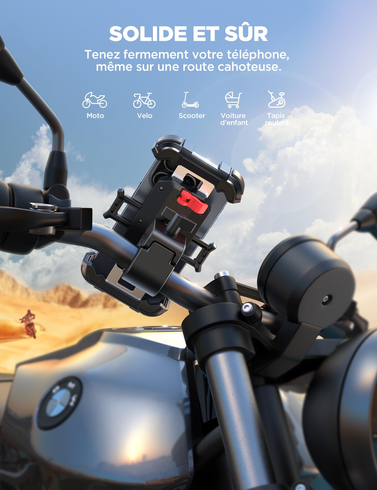 JOYROOM Support Telephone Moto-[2024 Tige en Métal][[160 km/h Antichoc] Support Telephone Velo, Universel Guidon Holder pour iPhone 15 Pro Max Samsung S24 Tous Les téléphones 4.7-7"