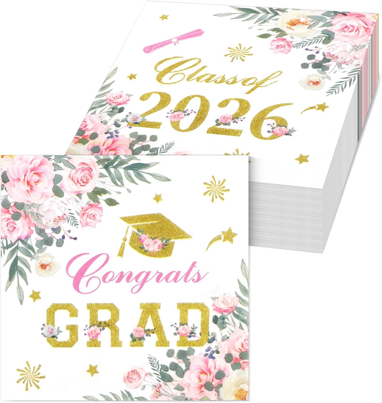 Qpout 50PCS Congrats Grad Party Napkins,Pink Floral Graduation Party Decorations 2026, Class of 2026 Graduation Paper Napkins for College High School Party Supplies, Bulk Congrats Grad Napkins