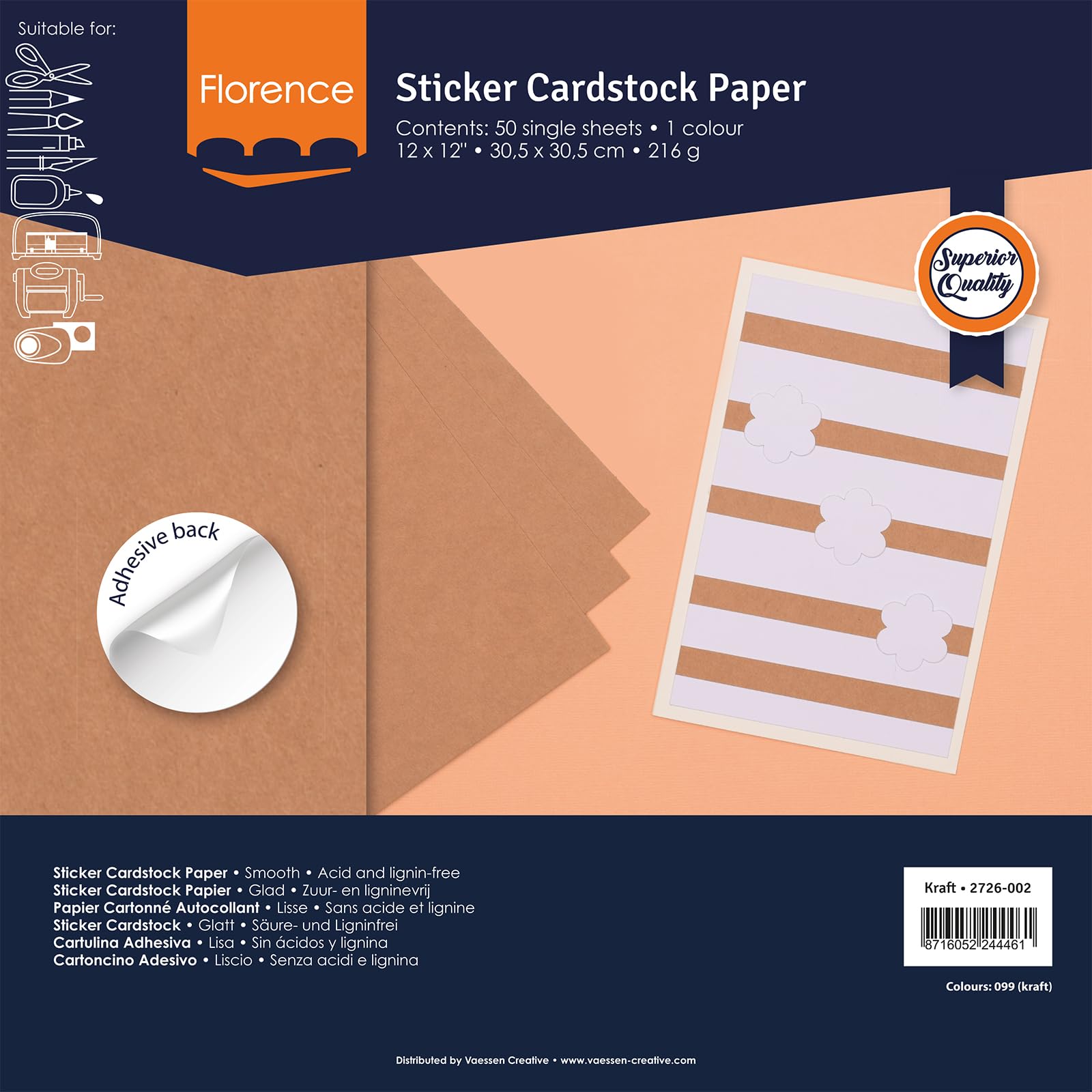 Florence Selbstklebend Cardstock Kraft (Braun) - Bastelpapier 30,5 x 30,5 cm Farbenmix - 50 - Bedruckbares Papier - Karten Basteln, Scrapbooking und Hobbyprojekte - 216 gsm